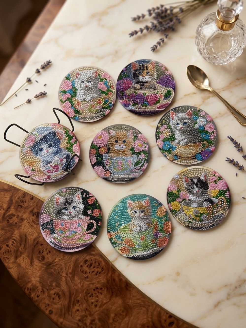 Sparkling Cat Teacup Compact Mirror - Pink, Blue & Multicolor
